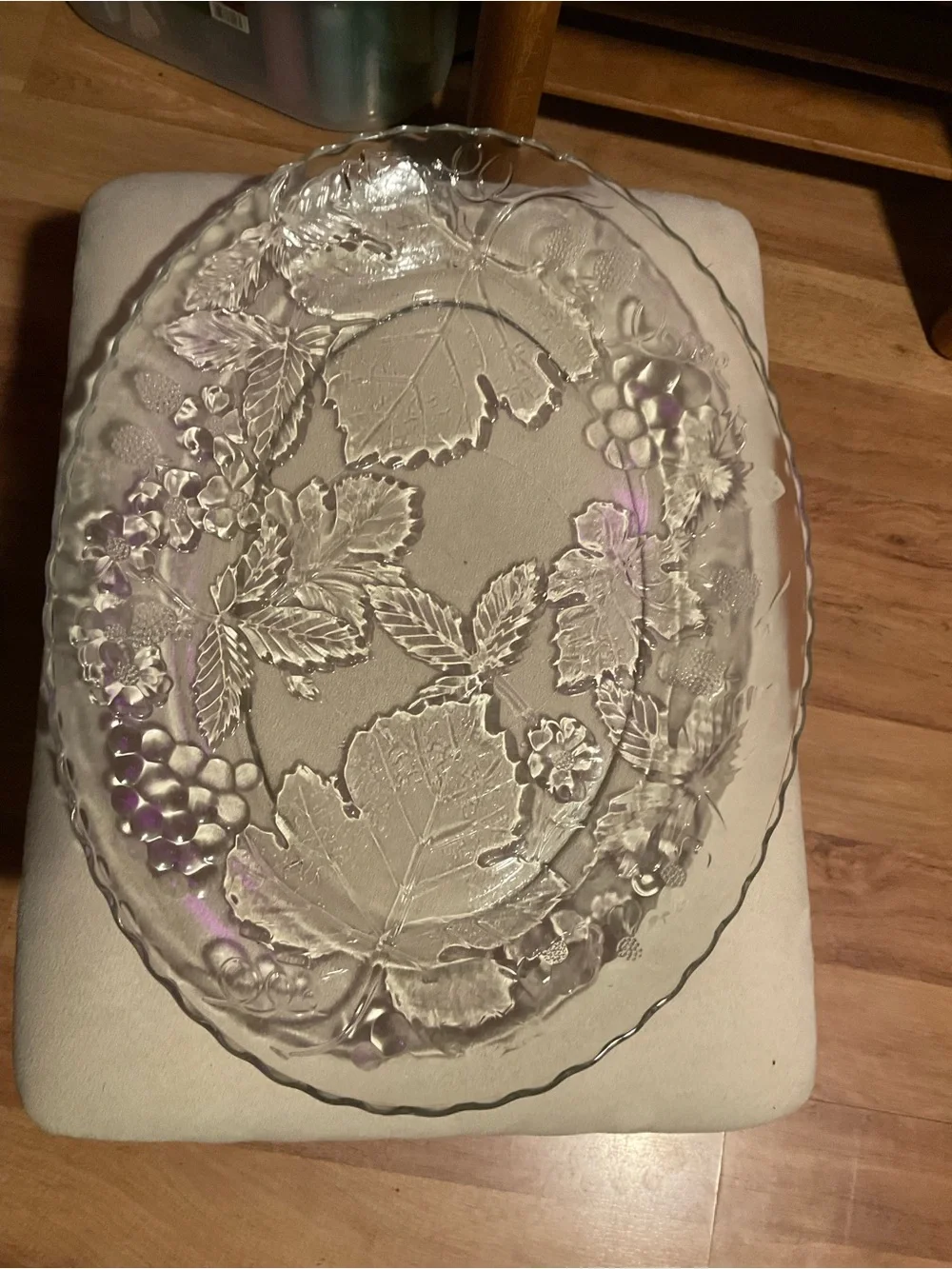 Oval Clear Glass Serving Platter with Leaf & Grape Relief